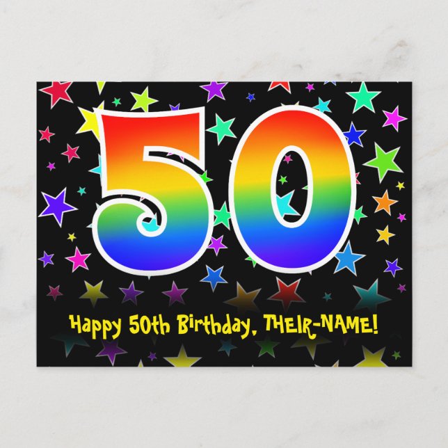 50th Birthday: Fun Stars Pattern, Rainbow 50, Name Postcard (Front)