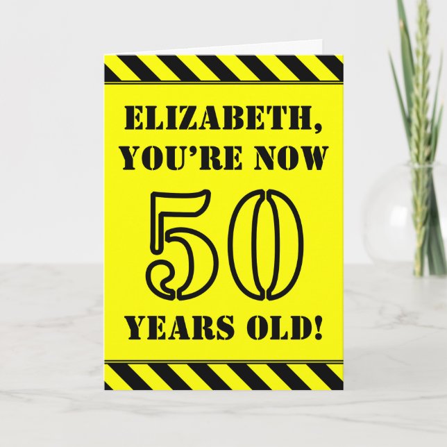 50th Birthday: Fun Stencil Style Text, Custom Name Card (Front)