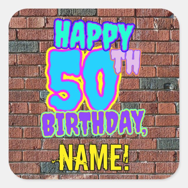 50th Birthday – Fun, Urban Graffiti Inspired Look Square Sticker (Front)