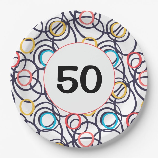50th Birthday Funky Doodles Paper Plate (Front)