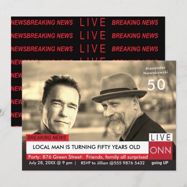 50th Birthday Funny TV News Arnold Schwarzenegger Invitation (Front/Back)