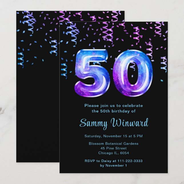 50th Birthday Galaxy Balloons with Confetti Invitation (Front/Back)