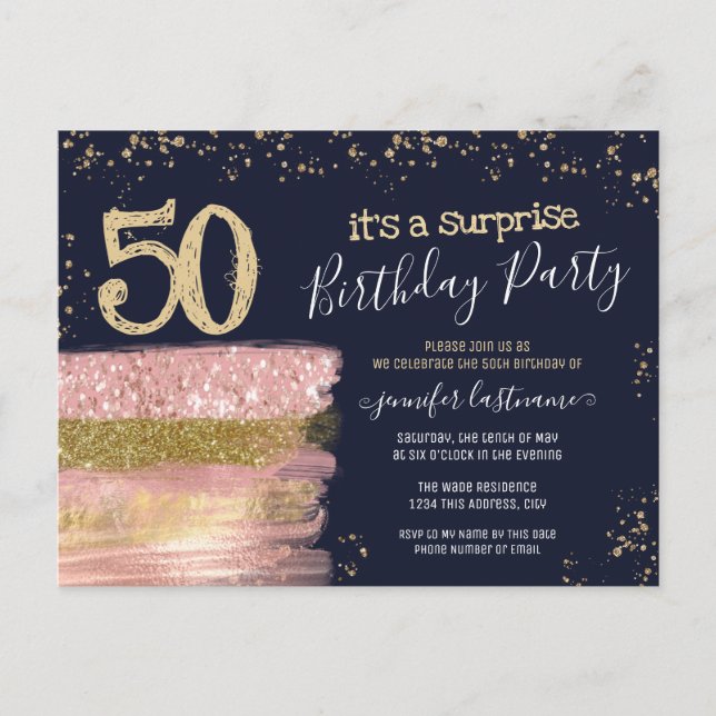 50th Birthday Glitter Cake Surprise Party Postcard (Front)
