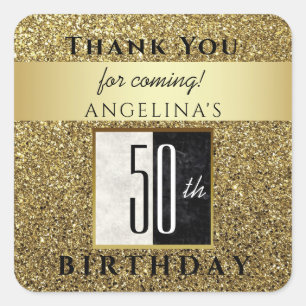 50th Birthday Glitter Gold Black & White Thank You Square Sticker