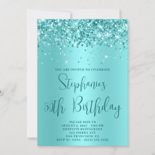 50th Birthday Glittery Pale Aqua Teal Invitation