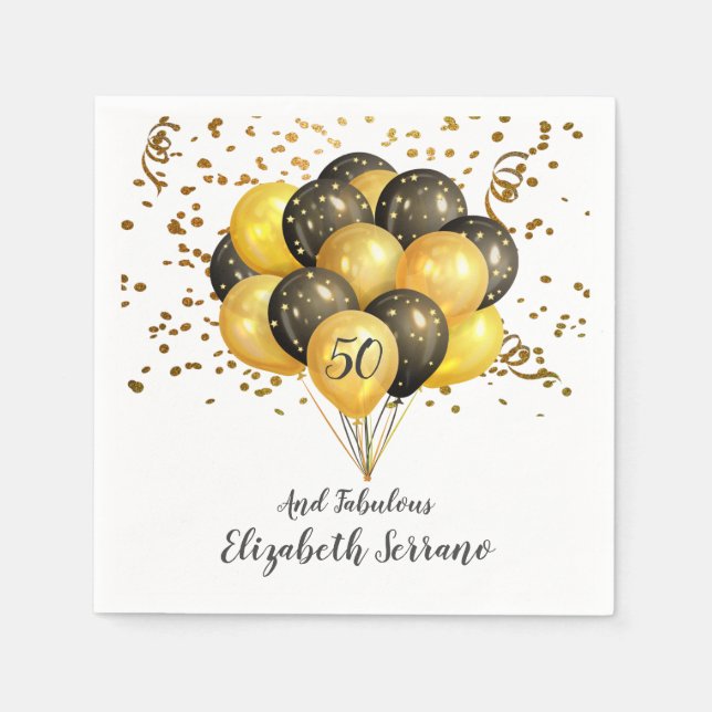50th Birthday Gold And Black Balloons And Confetti Napkin (Front)