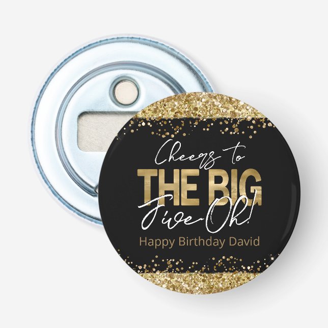50th Birthday Gold and Black Big Five-Oh Bottle Op Opener (Front)