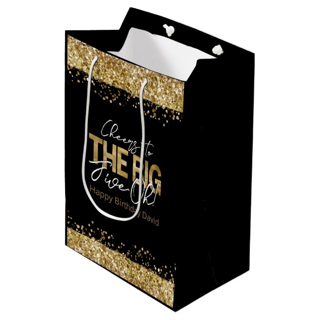 50th Birthday Gold and Black Big Five-Oh Medium Gift Bag (Front Angled)