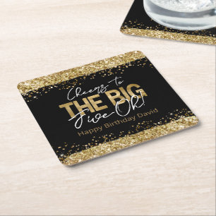 50th Birthday Gold and Black Big Five-Oh Square Pa Square Paper Coaster