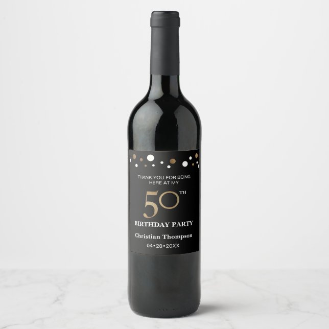 50th birthday, gold and black theme, thank you wine label (Front)