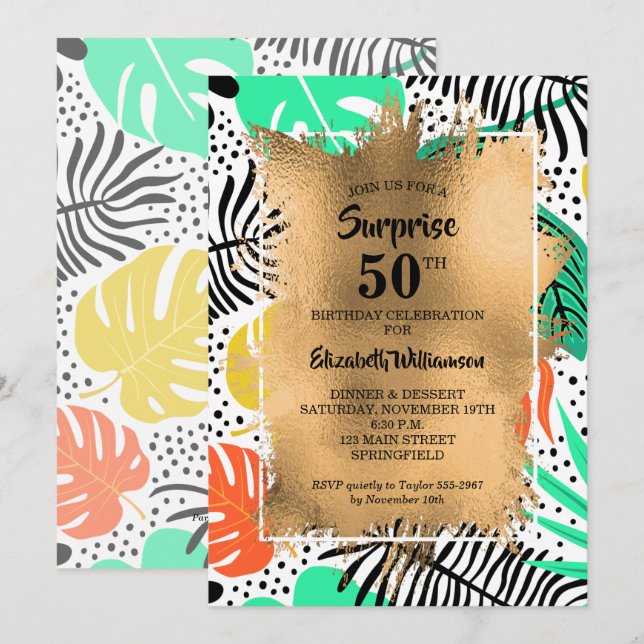 50th Birthday Gold and Modern Tropical Invitation (Front/Back)