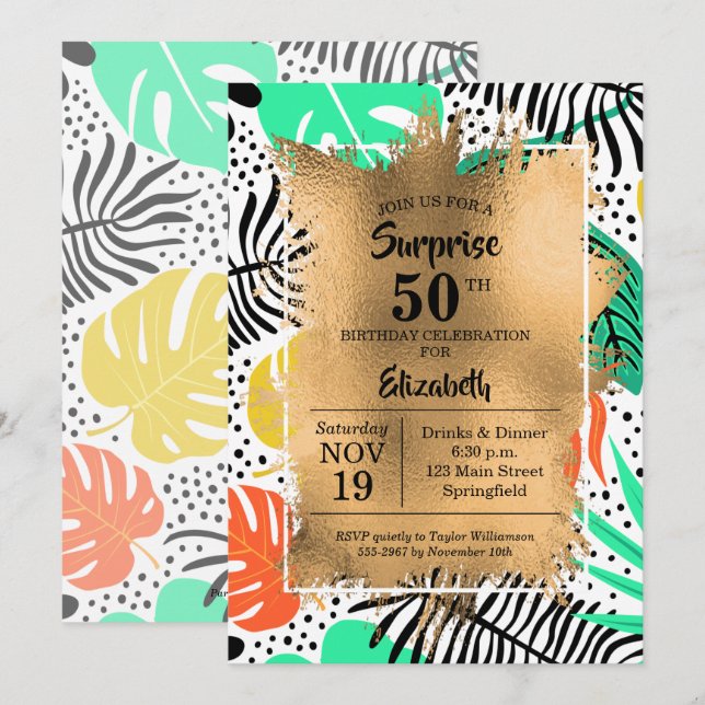 50th Birthday Gold and Modern Tropical Invitations (Front/Back)