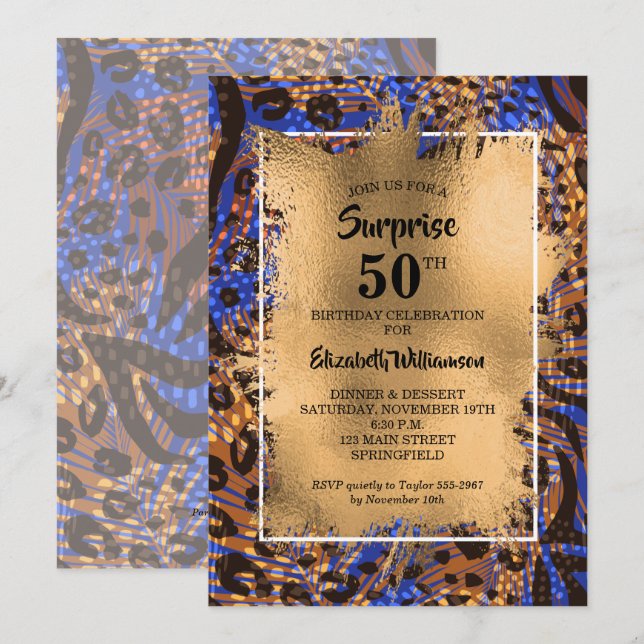 50th Birthday Gold Animal Print Invitation (Front/Back)