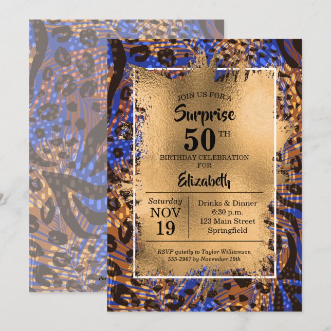 50th Birthday Gold Animal Print Invitations (Front/Back)