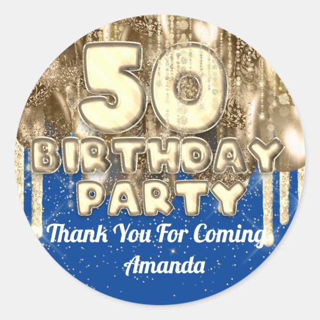 50th birthday Gold BALLONS Thank you for blue Classic Round Sticker (Front)