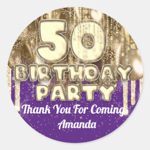 50th birthday Gold BALLONS Thank you for Purple Classic Round Sticker
