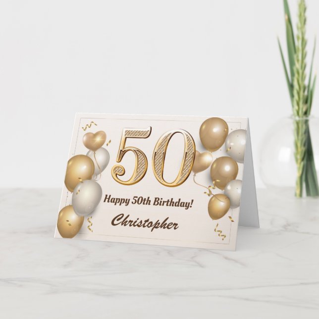 50th Birthday Gold Balloons and Confetti Birthday Card (Front)