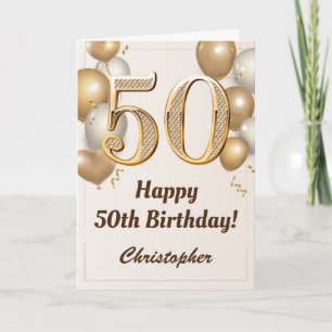 50th Birthday Gold Balloons and Confetti Birthday Card