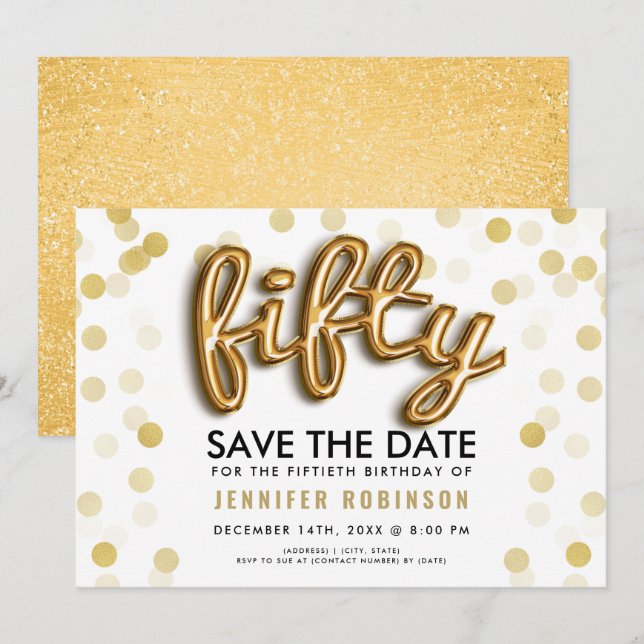 50th Birthday Gold Balloons Glitter Confetti Invitation (Front/Back)
