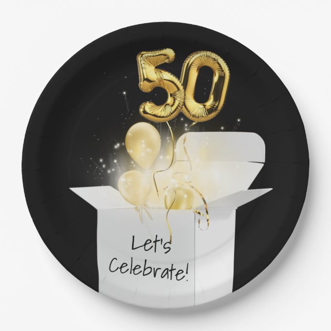 50th Birthday Gold Balloons In White Box    Paper Plate (Front)