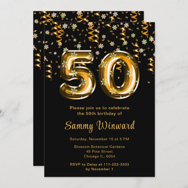 50th Birthday Gold Balloons Snowflake Confetti Invitation (Front/Back)