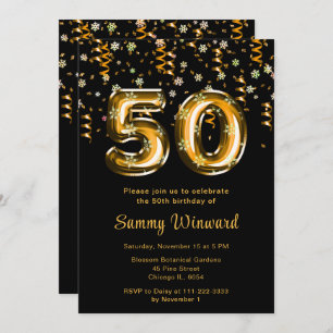 50th Birthday Gold Balloons Snowflake Confetti Invitation