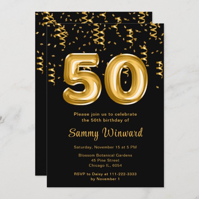 50th Birthday Gold Balloons with Confetti Invitation (Front/Back)
