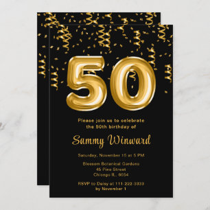 50th Birthday Gold Balloons with Confetti Invitation