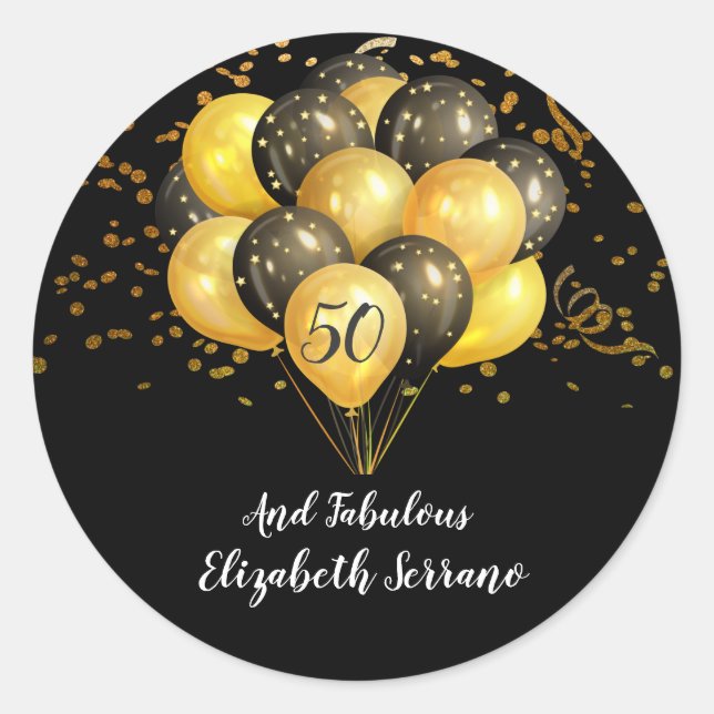 50th Birthday Gold & Black Balloons On Black Classic Round Sticker (Front)