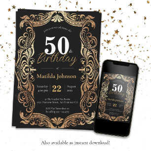 50th Birthday Gold Black Boho Glamourous Vintage Invitation