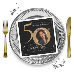 50th Birthday Gold Black Calligraphy Custom Photo Napkin