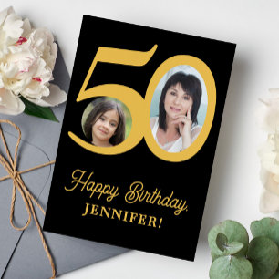 50th birthday gold black photo personalised card