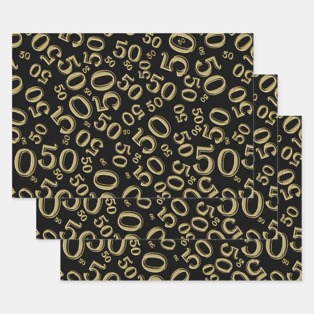 50th Birthday Gold & Black Random Number Pattern Wrapping Paper Sheet (Set)