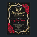 50th Birthday - Gold Black Red Roses Invitation<br><div class="desc">50th birthday celebration invitation. Elegant black design with faux glitter gold and red roses. Perfect for an elegant birthday party. Can be customized into any age.</div>
