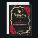 50th Birthday - Gold Black Red Roses Invitation<br><div class="desc">50th birthday celebration invitation. Elegant black design with faux glitter gold and red roses. Perfect for an elegant birthday party. Can be customized into any age.</div>