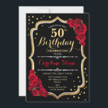 50th Birthday - Gold Black Red Roses Invitation<br><div class="desc">50th birthday celebration invitation. Elegant black design with faux glitter gold and red roses. Perfect for an elegant birthday party. Can be customized into any age.</div>