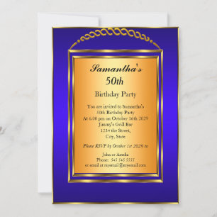 50th Birthday Gold Blue Elegant Modern Invitation