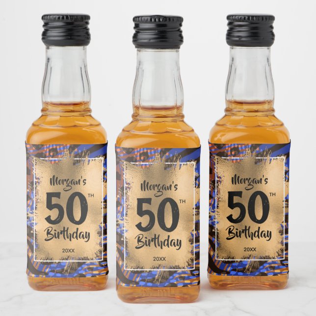 50th Birthday Gold Blue Leopard Print Mini Liquor Bottle Label (Bottles)