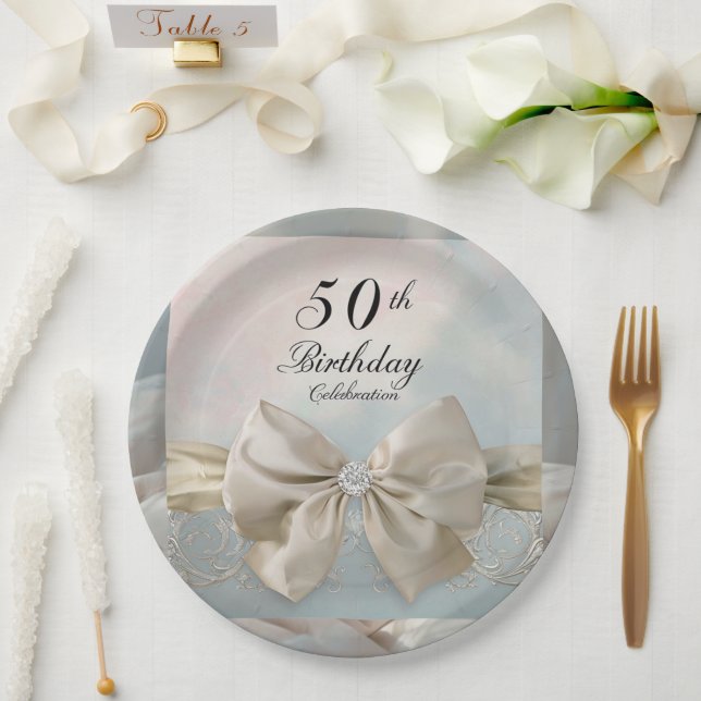 50th Birthday Gold Bow Elegant Floral Swirls Paper Plate (Wedding)