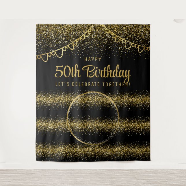 50th Birthday Gold Celebration Photo Backdrop Tapestry (Front)