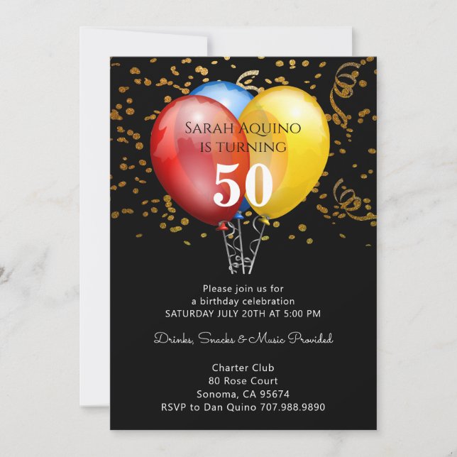 50th Birthday Gold Confetti & Balloons On Black Invitation (Front)