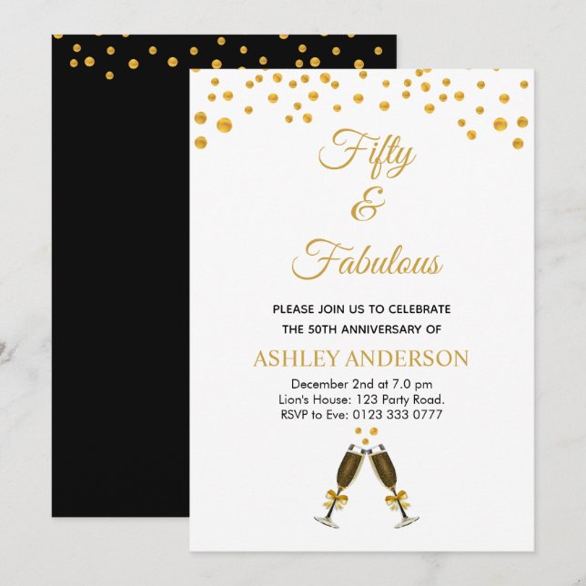 50th Birthday gold confetti on black & white Invitation (Front/Back)