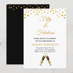 50th Birthday gold confetti on black & white Invitation
