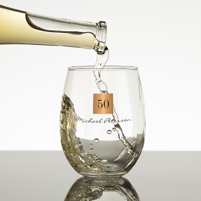 50th birthday gold elegant script name custom stemless wine glass (Creator Uploaded)
