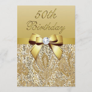 50th Birthday Gold Faux Sequins and Bow Invitation