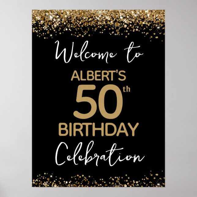 50th Birthday Gold Glitter and Black Welcome Poster (Front)