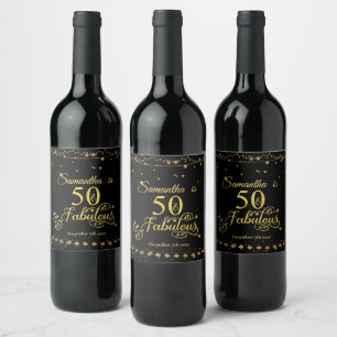 50th Birthday Gold Glitter Black 50 Fabulous Wine Label