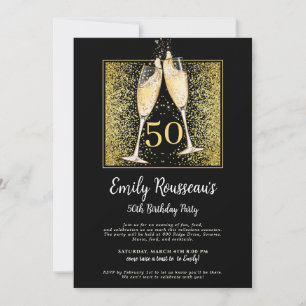 50th Birthday Gold Glitter Champagne Black  Invitation