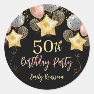 50th Birthday Gold Glitter Confetti Balloons Black Classic Round Sticker