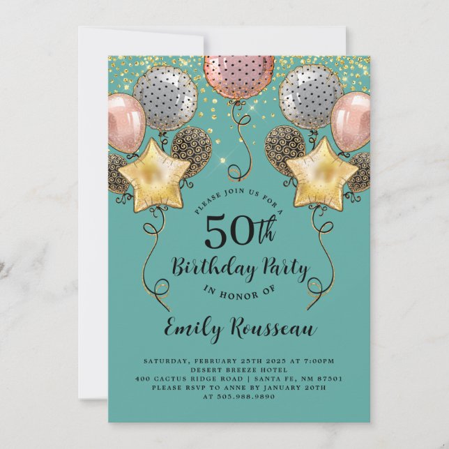 50th Birthday Gold Glitter Confetti Balloons Invitation (Front)